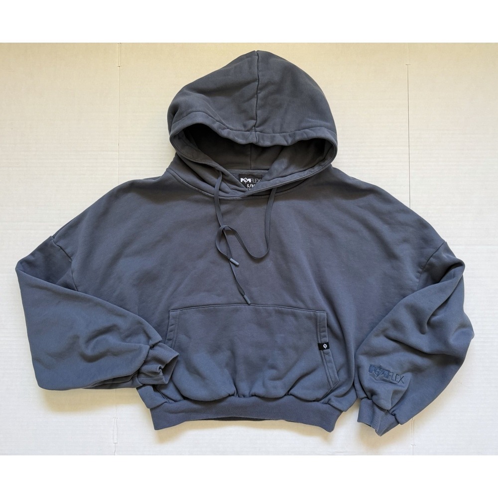 POPFLEX Womens Slate Grey Blue Oversized Cropped Fleece Hoodie Sweatshirt SM